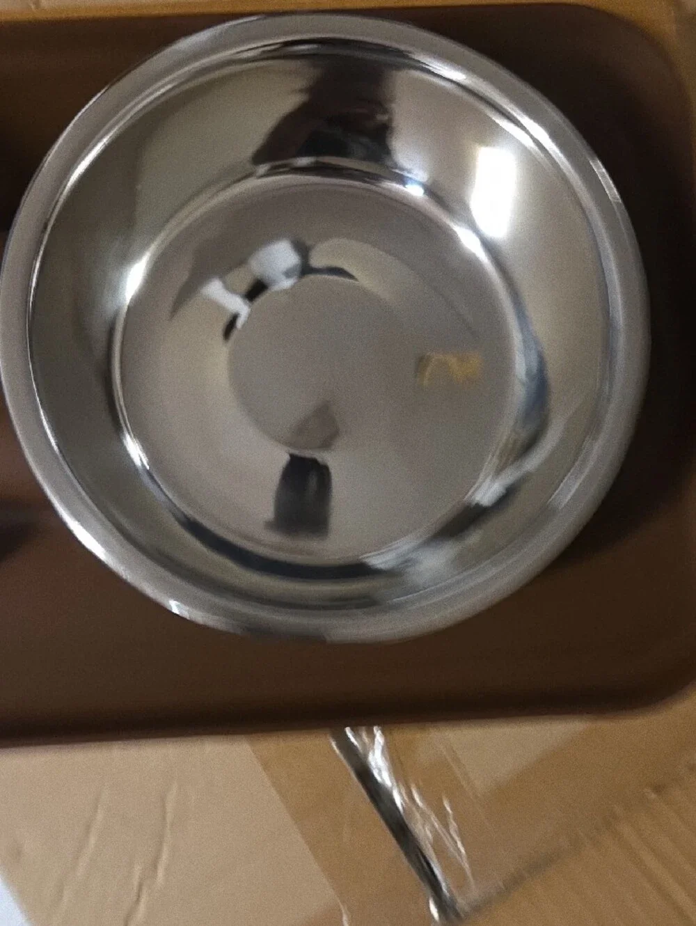 Double Stainless Steel Pet Bowls on Brown Feeding Tray